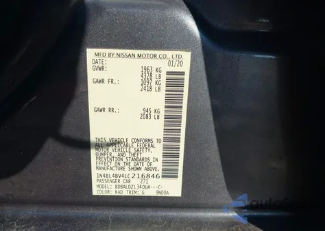 2020 Nissan Altima S Fwd z USA, uszkodzony, nr VIN 1N4BL4BV4LC216846